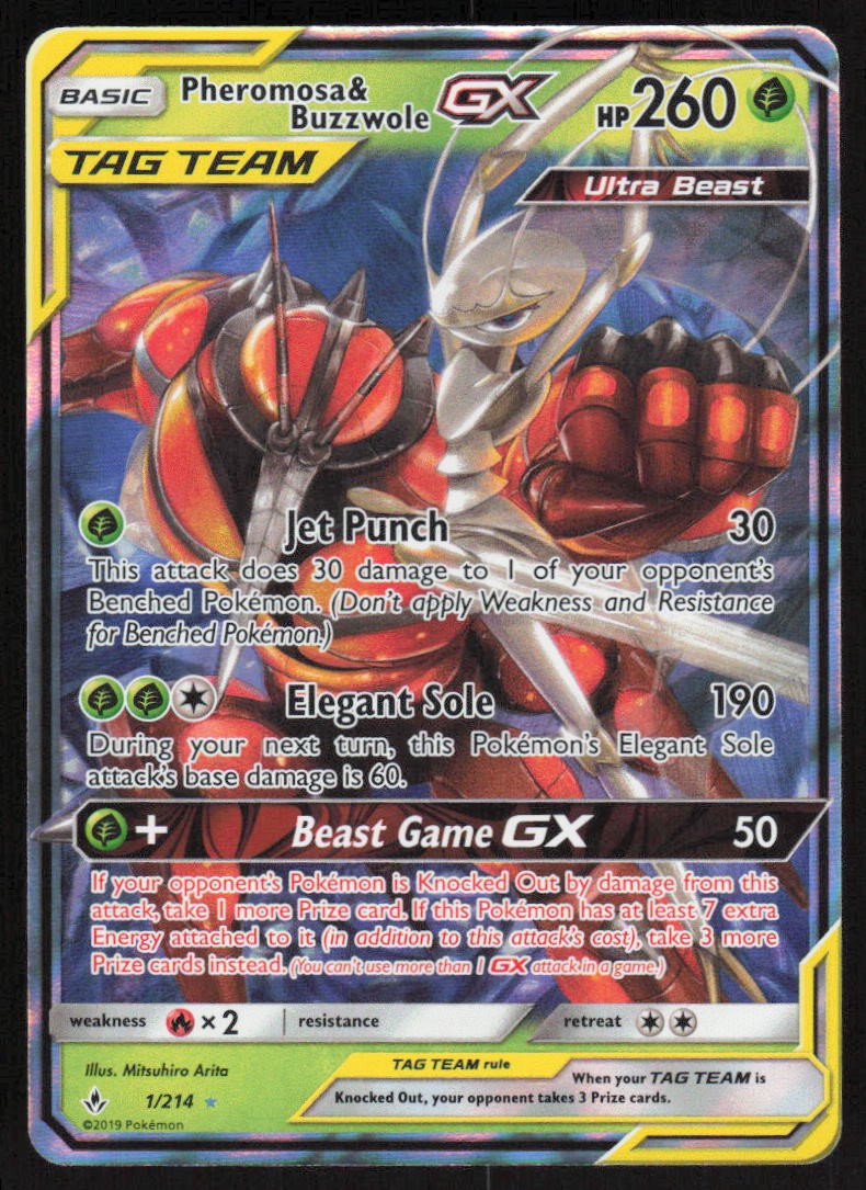 Pheromosa & Buzzwole GX Holo 1/214 NM SM - Unbroken Bonds Pokemon Card