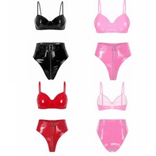 Women Wet Look PVC Metallic Lingerie Set Shiny Leather Bra Tops Briefs Clubwear