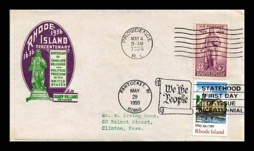 US COVER RHODE ISLAND FDC TIME TRAVEL COMBO DUAL CANCEL IOOR CACHET