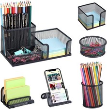 Desk Organizer Set 6 Pc Black Mesh Pen Holder  Office Supply Organizer