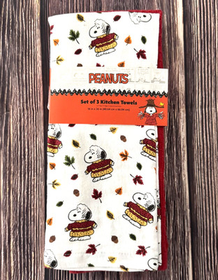 Peanuts Set of 3 Kitchen Towels Snoopy Chunky Sweater Falling Leaves Autumn Fall