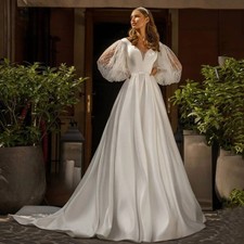 A Line Satin Wedding Dress Puff Sleeves V Neck Beading Sashes Back Buttons