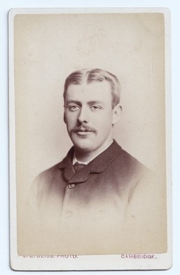 CDV, Man with Moustache and Center Parted Hair. J. E. Bliss Card, Cambridge.