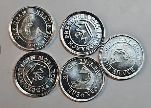 1 Gram 999 Silver Round Lot Of 5 Monarch Precious Metals Bullion