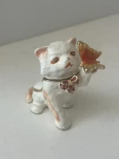 Jeweled Enamel Kitten Cat w/ Butterfly Hinged Magnet Trinket Ring Box