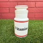 Vintage White Milk Glass Vitamins Apothecary Jar Red Stripe Made in Taiwan 5.75"