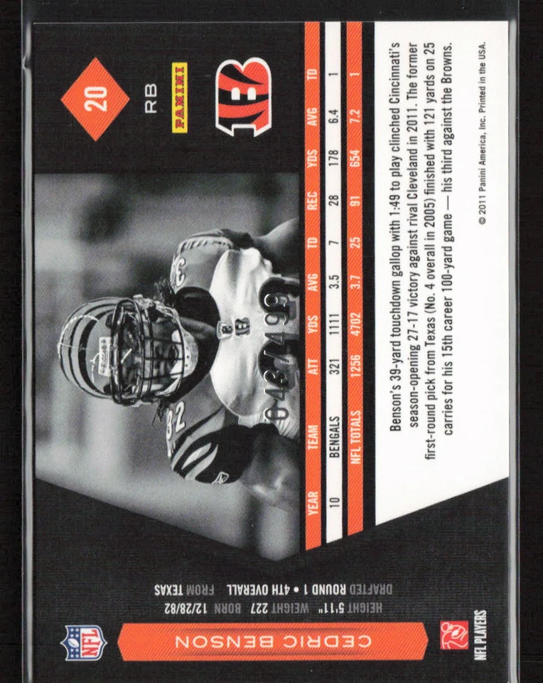 Cedric Benson 2011 Panini Limited #20 /499 Cincinnati Bengals - Image 2 of 2