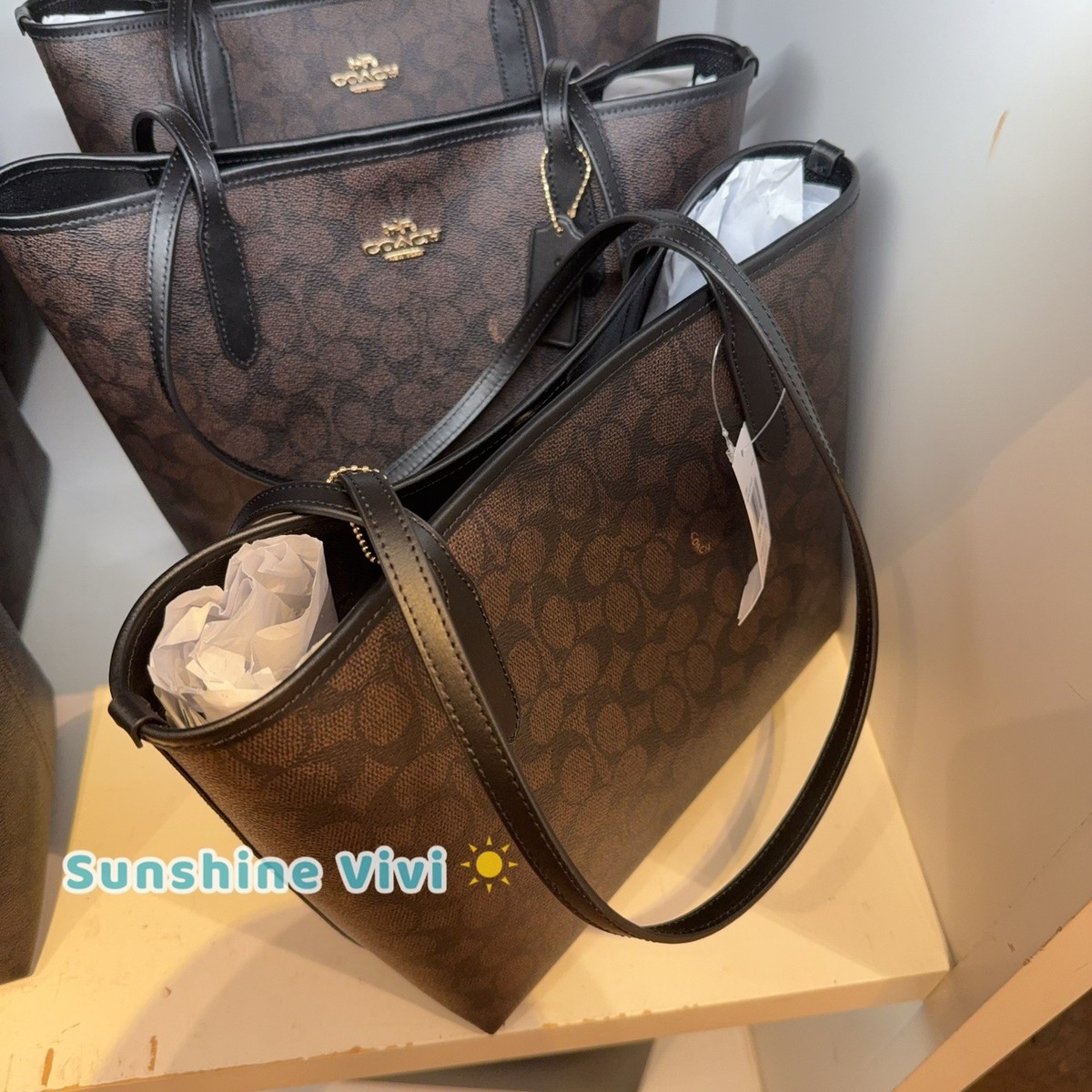 NWT Coach Medium City Tote Bag In Signature Canvas Gold/Walnut