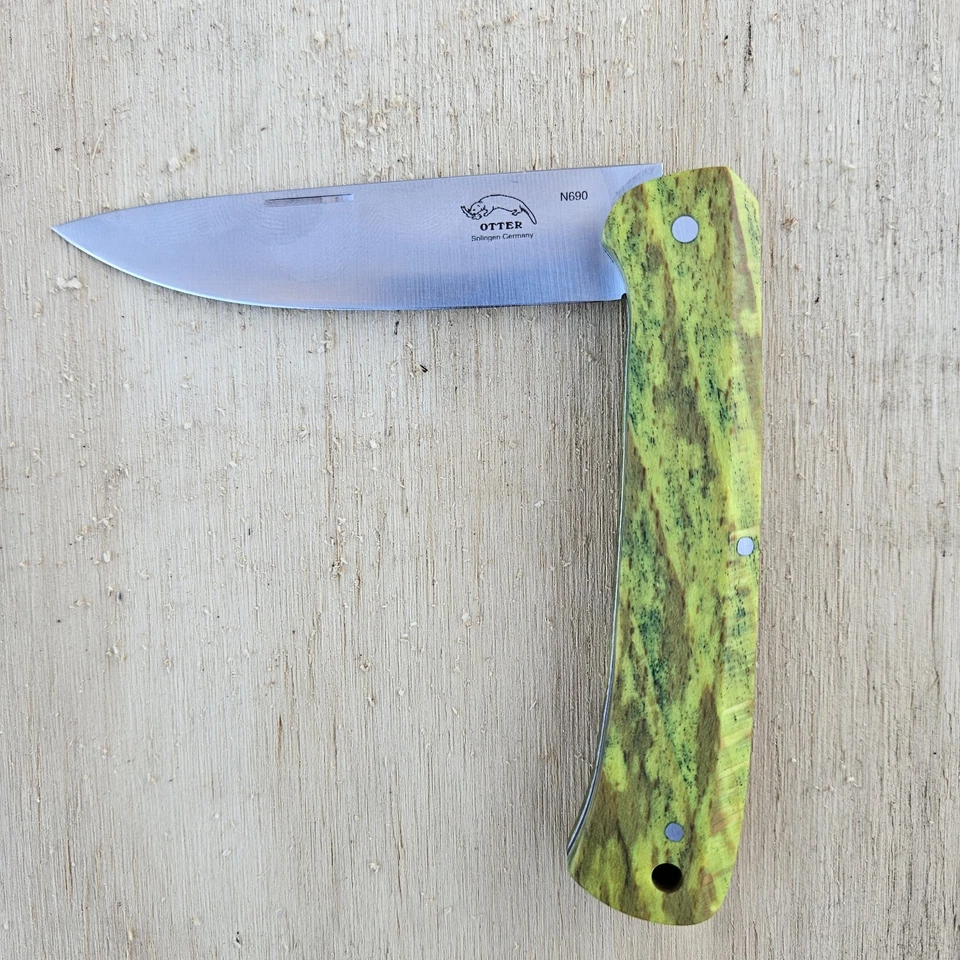 OTTER-Messer Finn Folding Knife 3.25" Satin Bohler N690 Steel Green Wood Handle - Image 2 of 3