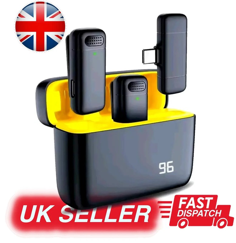 2x Wireless Lavalier Microphones + USB-C Receiver & Charging Case Set UK Seller