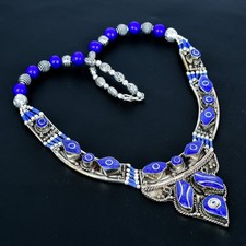 Collana nepalese etnica tibetana argento sterling 925 boemo lapislazzuli 18" e56