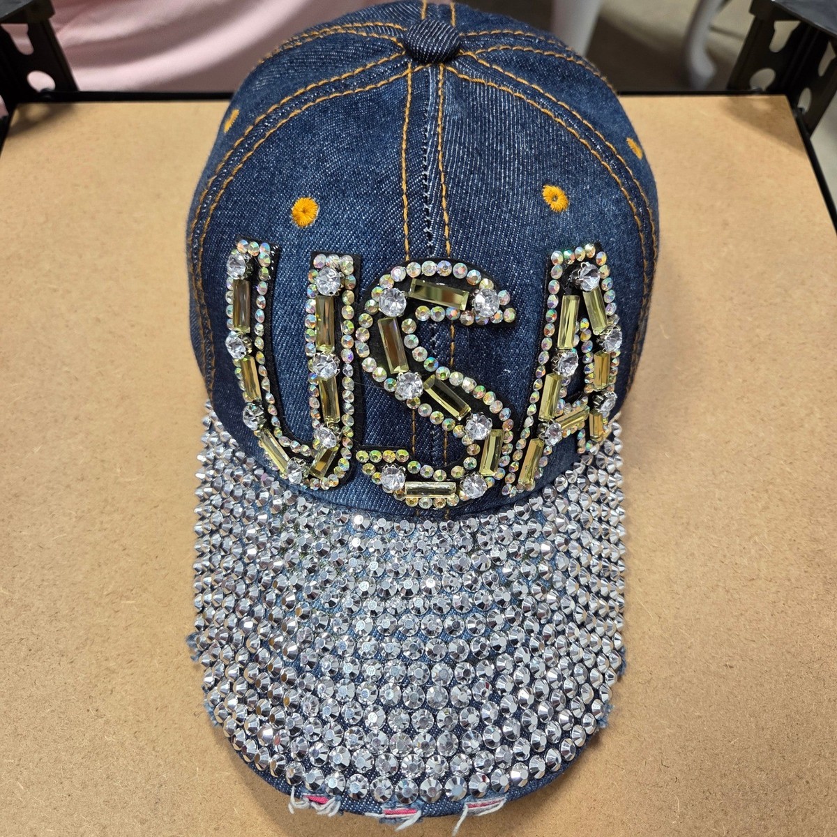 Denim Cap with Bling Ashleigh Blue Rhinestone Embellished LOVE Lip Denim Baseball  main image 2