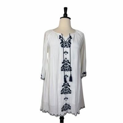 Chic Connection Embroidered New Tunic Dress White Navy Tassel Women s Size XL
