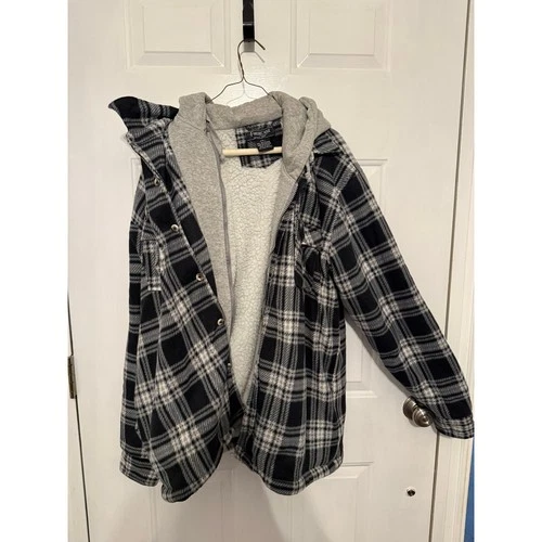 Fourcast Mens XXL Plaid Fleece Sherpa Lined Hooded Shirt Jacket Black Gray - product listing photo