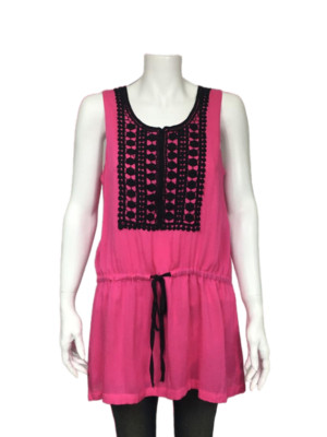 Peppe Peluso Sz Large Fuchsia Cotton Embroidered Lace Drawstring Waist Tunic Top