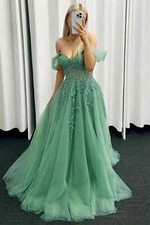 Green Prom Dresses Off-shoulder A-line Tulle Formal Occasions Elegant Party