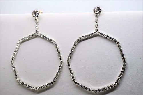 C285 Hexagon Shape Silver Tone post Dangle Earring Wedding Prom Fashion Jewelry - Picture 3 of 3