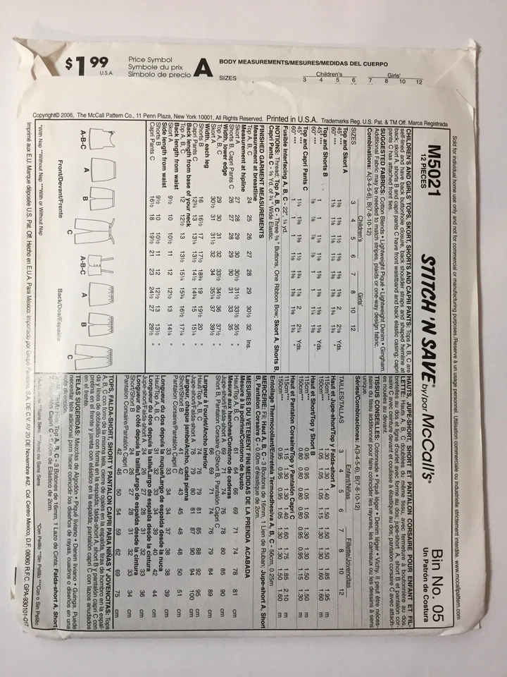 Stitch 'n Save 5021 Size 7-12 Girls' Tops Skort Shorts Capri Pants - Image 2 of 2