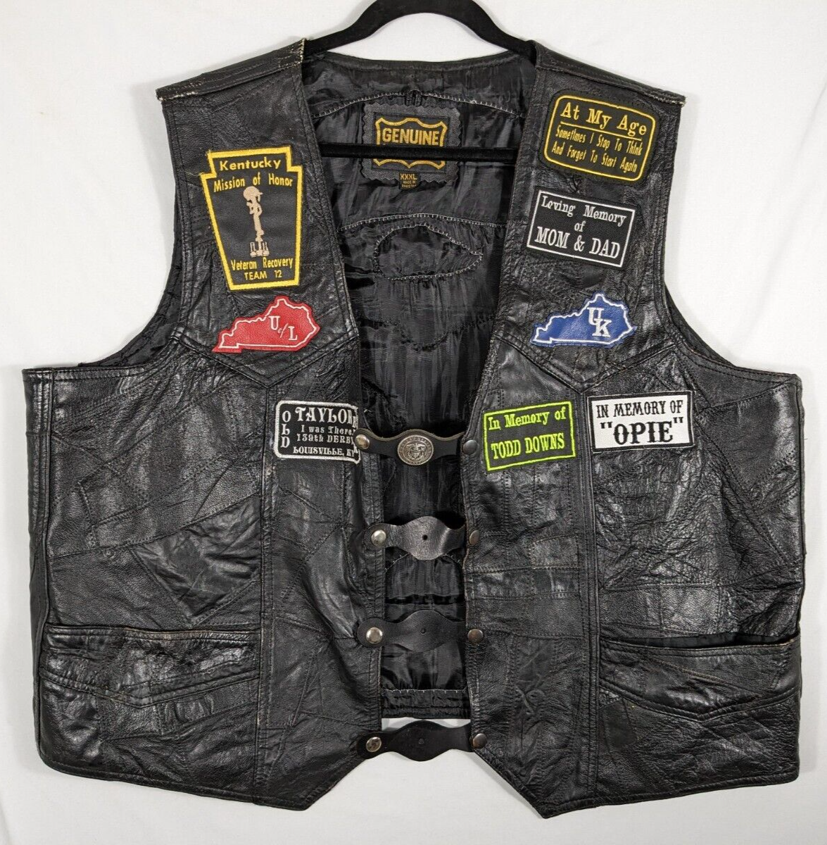 Vtg Black Leather Motorcycle Biker Club Vest Patches Stitch POW 