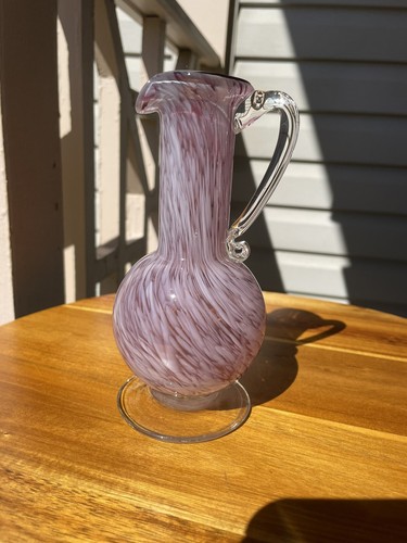 Vintage Pink Swirl Tall Neck Hand Blown Art Glass Creamer Oil Ewer Cruet 6"