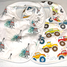 NWOT KiddyStar Organic Cotton Baby Toddler Bibs Set 2 Monster Trucks Sailboats