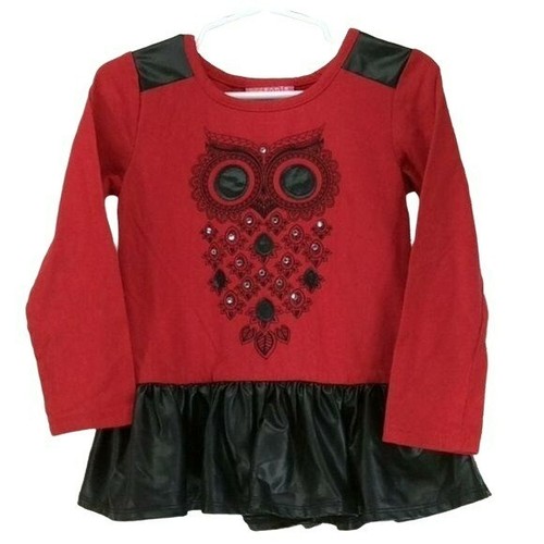 Kidtopia Girls Red & Black Owl Animal Print Long Sleeve Shirt Size 4T