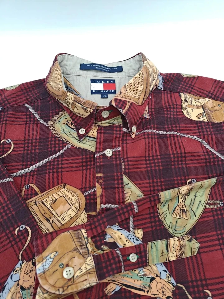 🇺🇲 Vtg Tommy Hilfiger Mens L 16.5x33 Cotton Button Down Shirt Red Plaid - Image 3 of 4