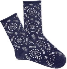K. Bell Women's Radial Floral Roll Top Crew Socks 1 Pair, Navy, Women's 9-11