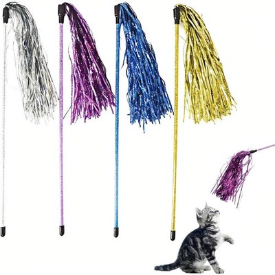 Cat Wand Toys 4 PCS Tinsel Teaser Wand Shiny Ribbon Kitty Toy Interactive Cat