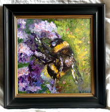Original Oil Painting Bee canvas Textured wall art Room Flower decor 8x8 signed
