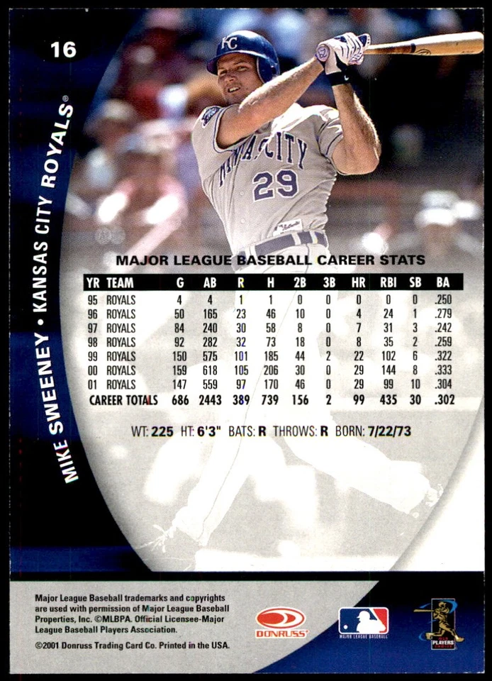 Mike Sweeney 2001 Donruss Class of 2001 #16 Blue Jays MLB READ FREE SHIPPING - Image 2 of 2