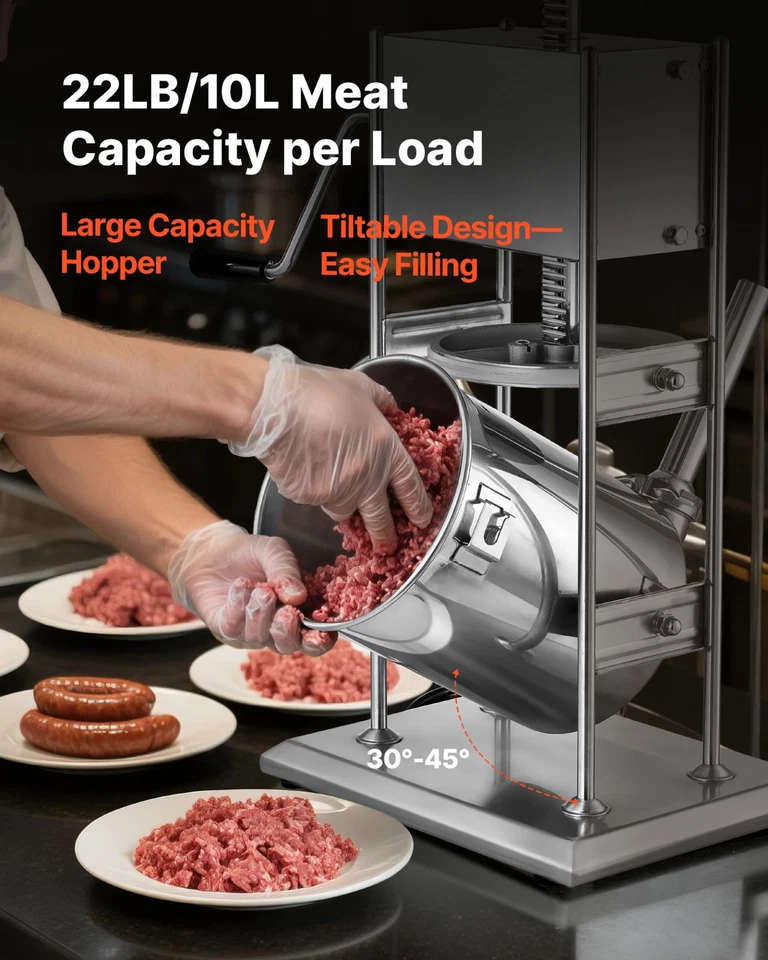 Relleno vertical de carne manual 22 lb 10 L de acero inoxidable con tubos Foto 3 de 4