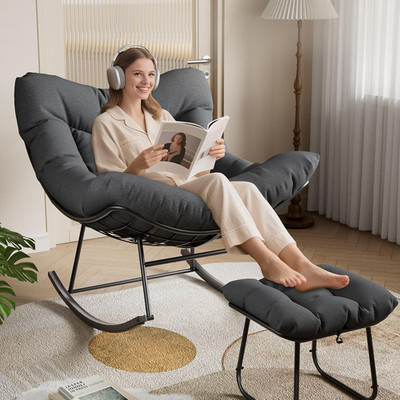 Oversized Papasan Rocking Chair with Footrest, Outdoor Lounge Chair with Ottoman