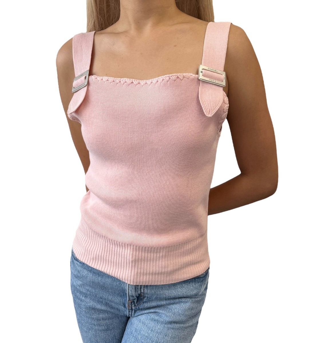 CHANEL Vintage 05C CC Logo Ribbed Knit Tank Top #38 Pink Cotton