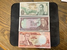 Colombia 1980/1986 Pesos Oro Crisp UNC 3 Banknote Lot.  N3566