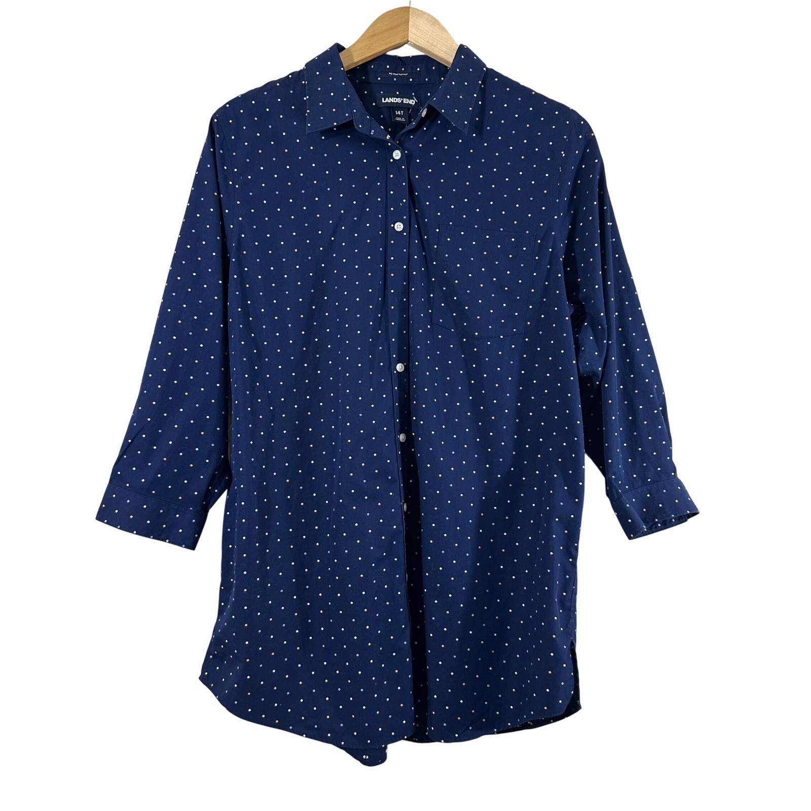 Lands'End Women's Button Down Shirt Blue Polka Dots 100% Supima Cotton Size 14T