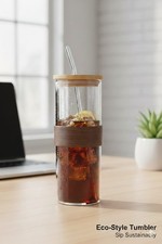 Modern Glass Water Bottle with Bamboo Lid, Wood Sleeve & Glass Straw