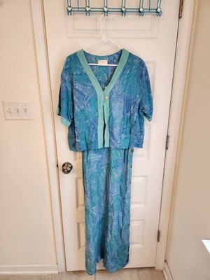 Vtg Blue Palm Trees 2 Piece Maxi Dress Set Cover Up Short Sleeve Size L #N919