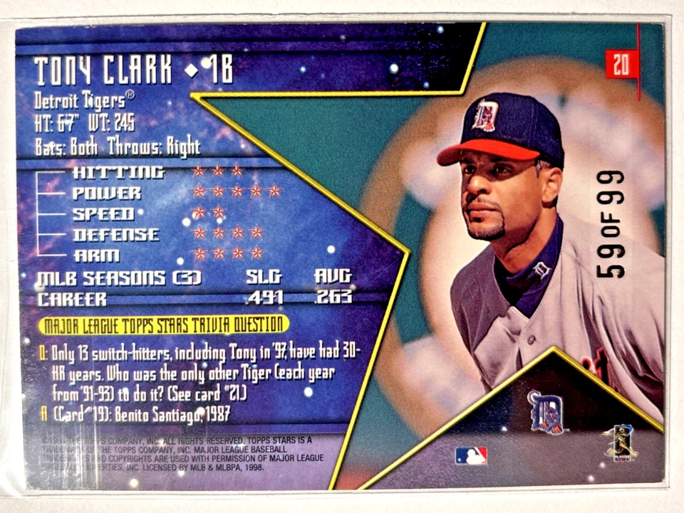 1998 Topps Stars Gold Rainbow 59/99 Tony Clark #20 - Image 2 of 2