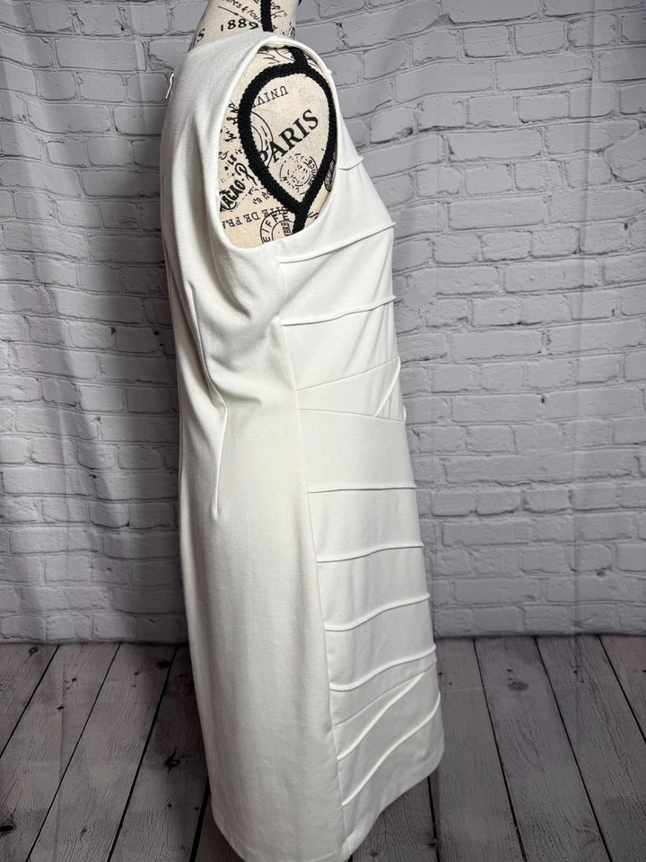 Calvin Klein White Knit Sheath Dress Size 10 Sleeveless Zip Back Midi Lined - Image 4 of 4