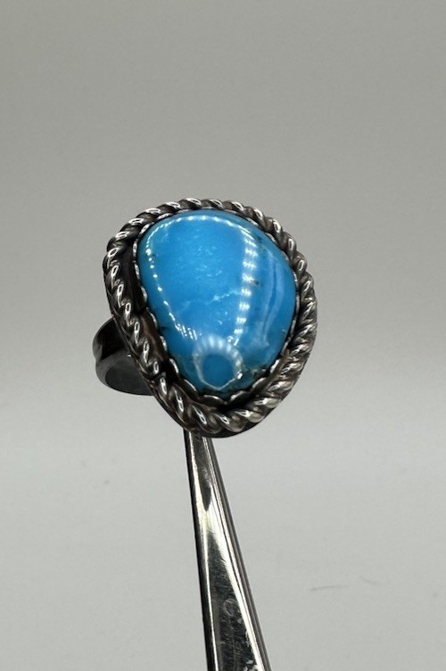 Fun Vintage Old Pawn Native American Sterling Deep Blue Turquoise Ring Size 9.5