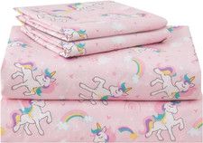 Kids Sheet Set Twin Size 3 Pcs, Girls Sheet Set with Pink Unicorn Pattern Kids G