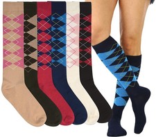 Women's Pack of 6 Knee High Socks - Classic Argyle Patterned Socks - 9-11