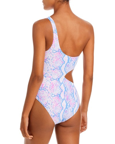 Traje de baño para mujer AQUA con estampado de serpiente de natación recorte de un hombro rosa B4HP - Imagen 4 de 6