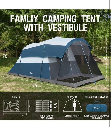 6/8 Person Family Camping Tent with Screen Room, Water Resistant Big Tunnel Tent - Picture 2 of 7