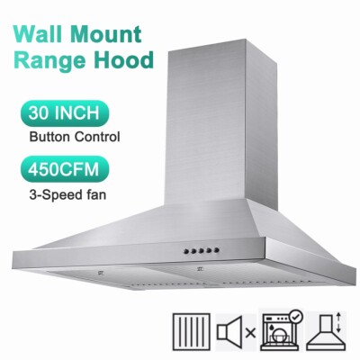 Wall Mounted Range Hood 30 inch Stainless Steel Filters 450CFM Cook Vent New