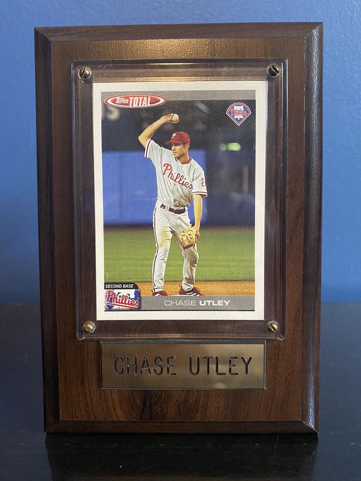 Chase Utley Phillies Wooden Wall Display with Baseball Card and Name Plate