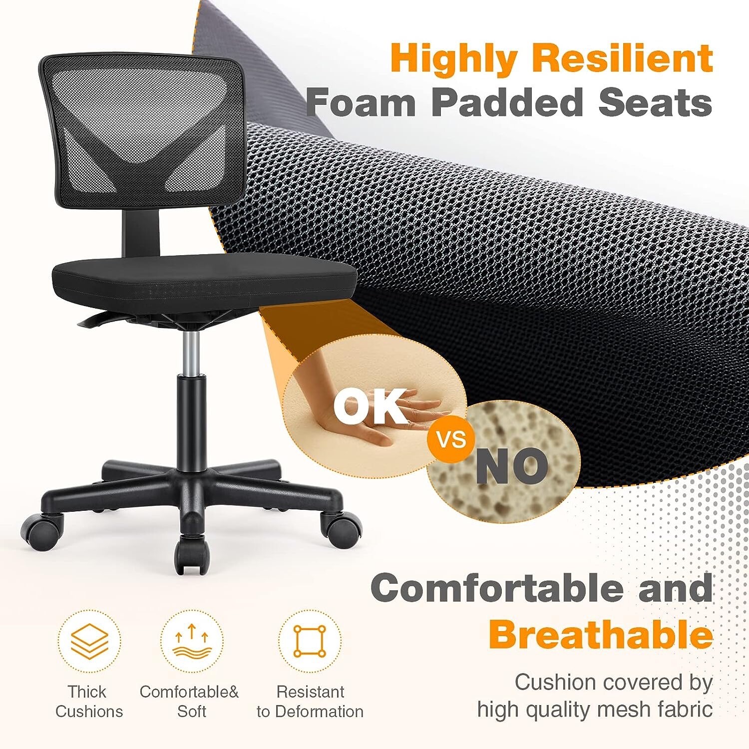 Armless Mesh Office Chair, Ergonomic Computer Desk Chair, No Armrest