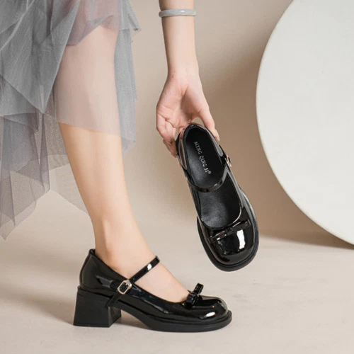 Womens Leather Bowtie Round Toe Buckle Strap Block Heel Fashion Mary Jane Shoes - Picture 4 of 30