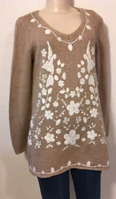 Soft Surroundings Long Sweater Tan with White Floral Embroidery w/ Mohair S EUC